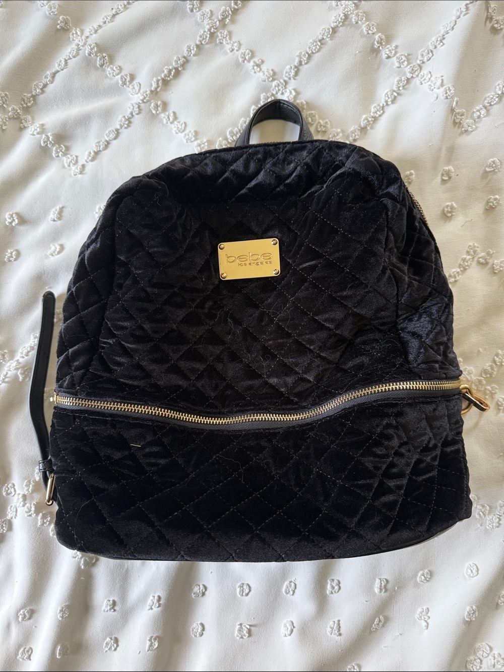 bebe Quilted Velvet Black Backpack with Gold Plate